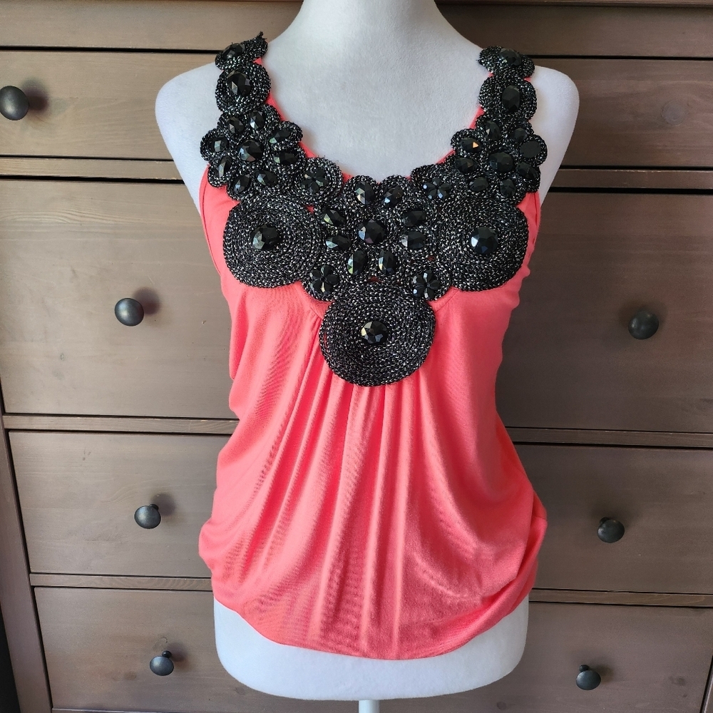 Y2K MOA MOA Paper Tag Coral And Black Embellished Top